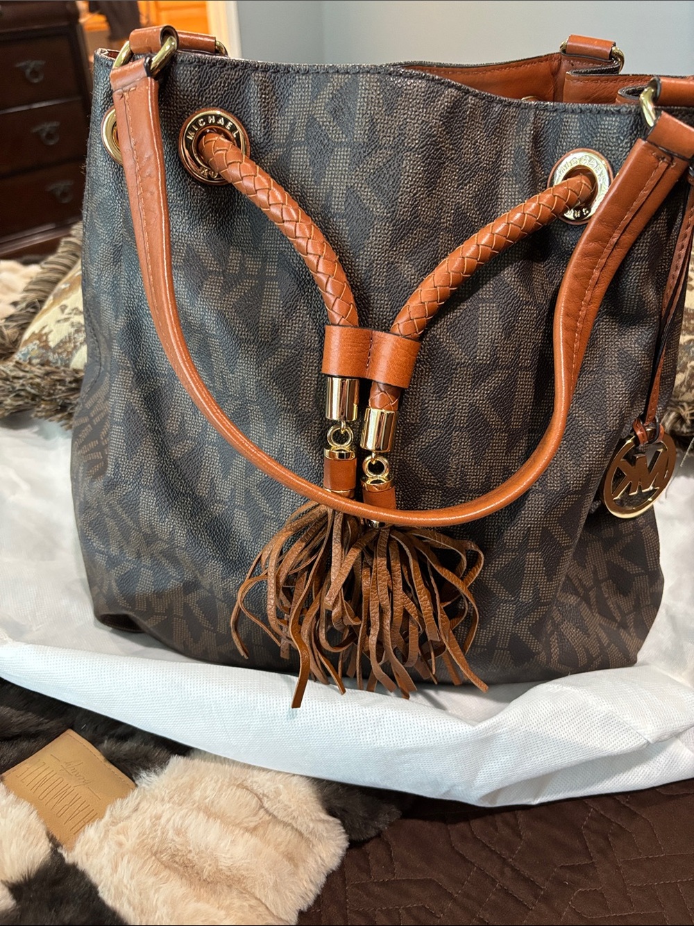 Michael Kors Brown and Tan Logo Drawstring Tassel Shoulder Bag
